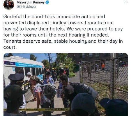 Tweet from the mayor about helping Lindley Towers residents