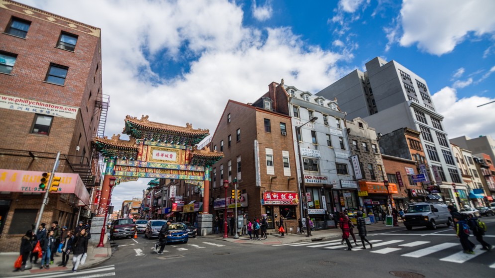Picture showing a busy street in Chinatown, Philly