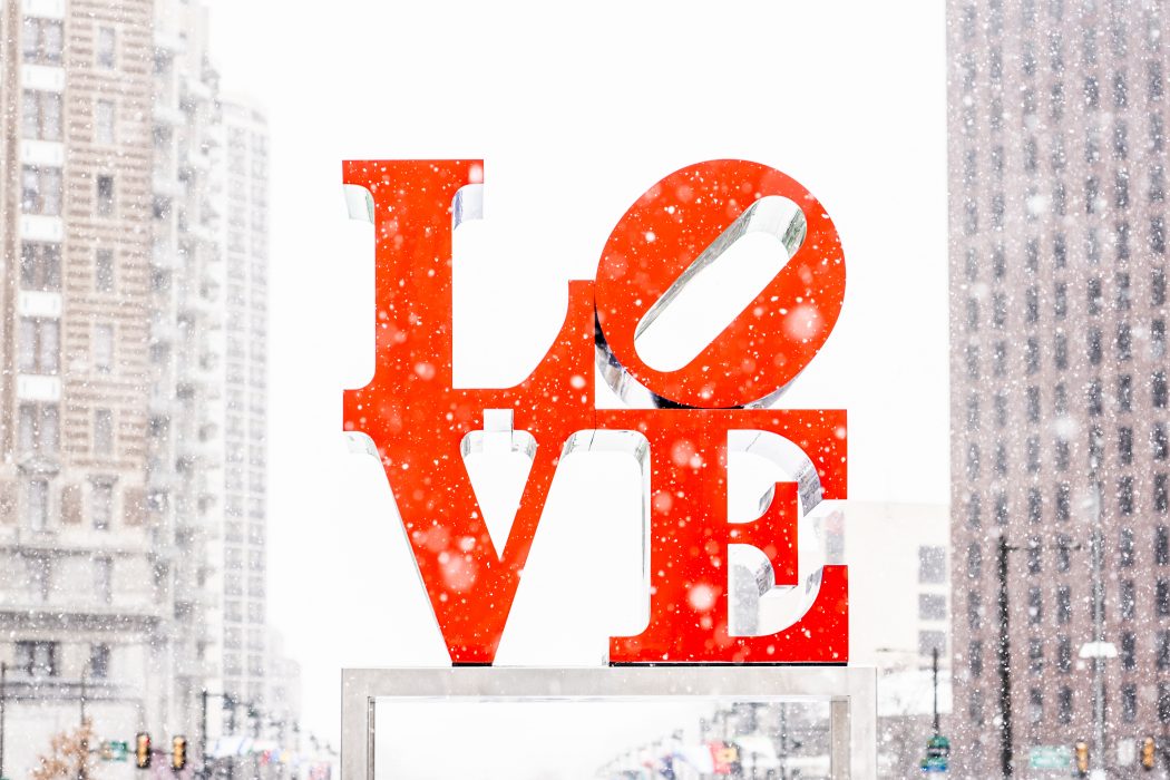 Love Park sculpture in snow