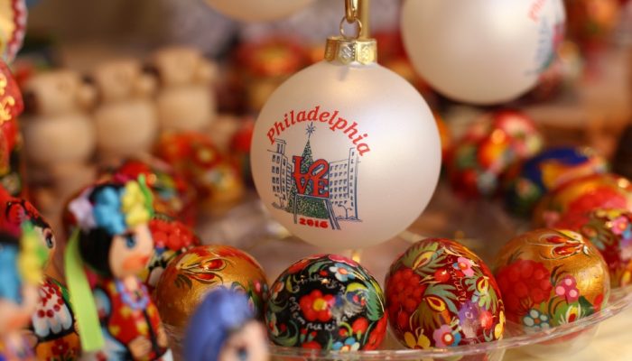 A Christmas ornament includes the word Philadelphia and an image of the LOVE statue