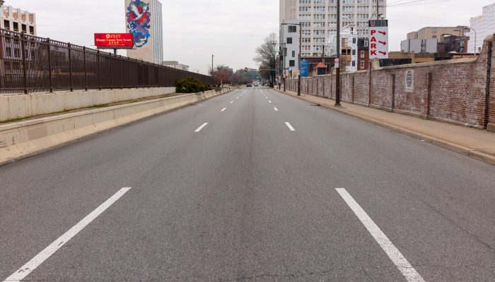 Standing in the middle of a crosswalk looking down Vine Street