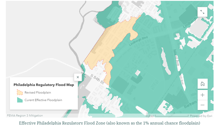 Eastwick mapped floodplain with revised floodplain area in yellow. Map developed by FEMA.