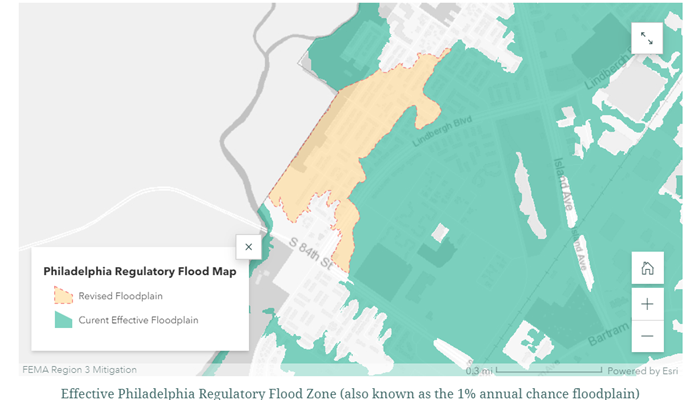 Eastwick a cartographié la zone inondable avec une zone de plaine inondable révisée en jaune. Carte développée par la FEMA.