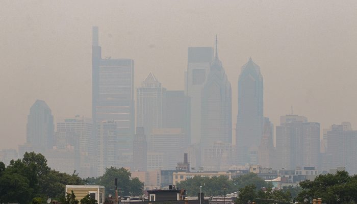 Philadelphia skyline obscured by smoke from wildfires