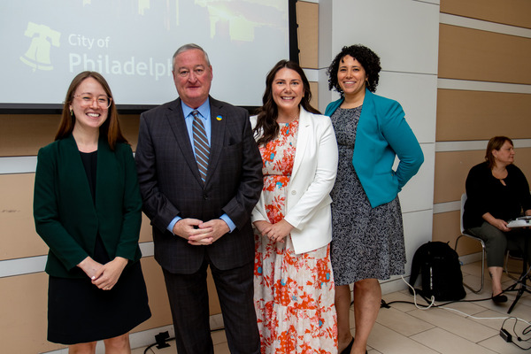 City officials and the program speakers pose together for a photo. (Left to right: Hannah Louie, Program Officer - Operations Transformation Fund, Mayor Jim Kenney, Stephanie Tipton - Chief Administrative Officer, Sara Hall - Digital Services Director)