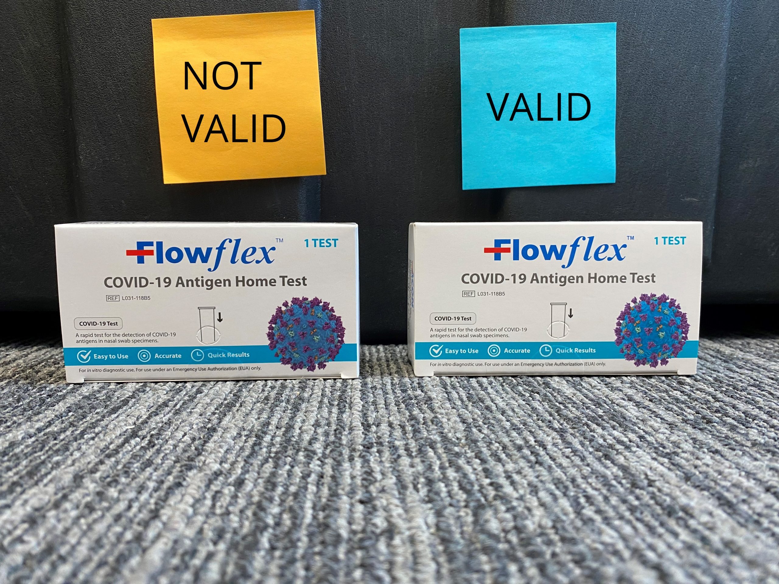 Two COVID-19 testing kits, one labeled as Valid and the other labeled as Invalid