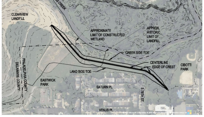 Vue en plan de l'alignement préféré des digues le long de la rive gauche du ruisseau Cobbs. Source : Corps des ingénieurs de l'armée américaine.