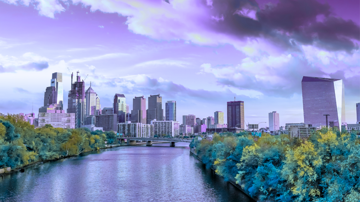 Philadelphia skyline and Schuylkill River, tinted purple