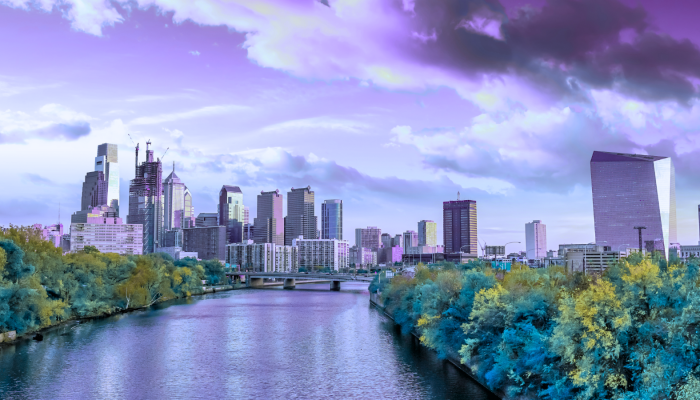 Philadelphia skyline and Schuylkill River, tinted purple