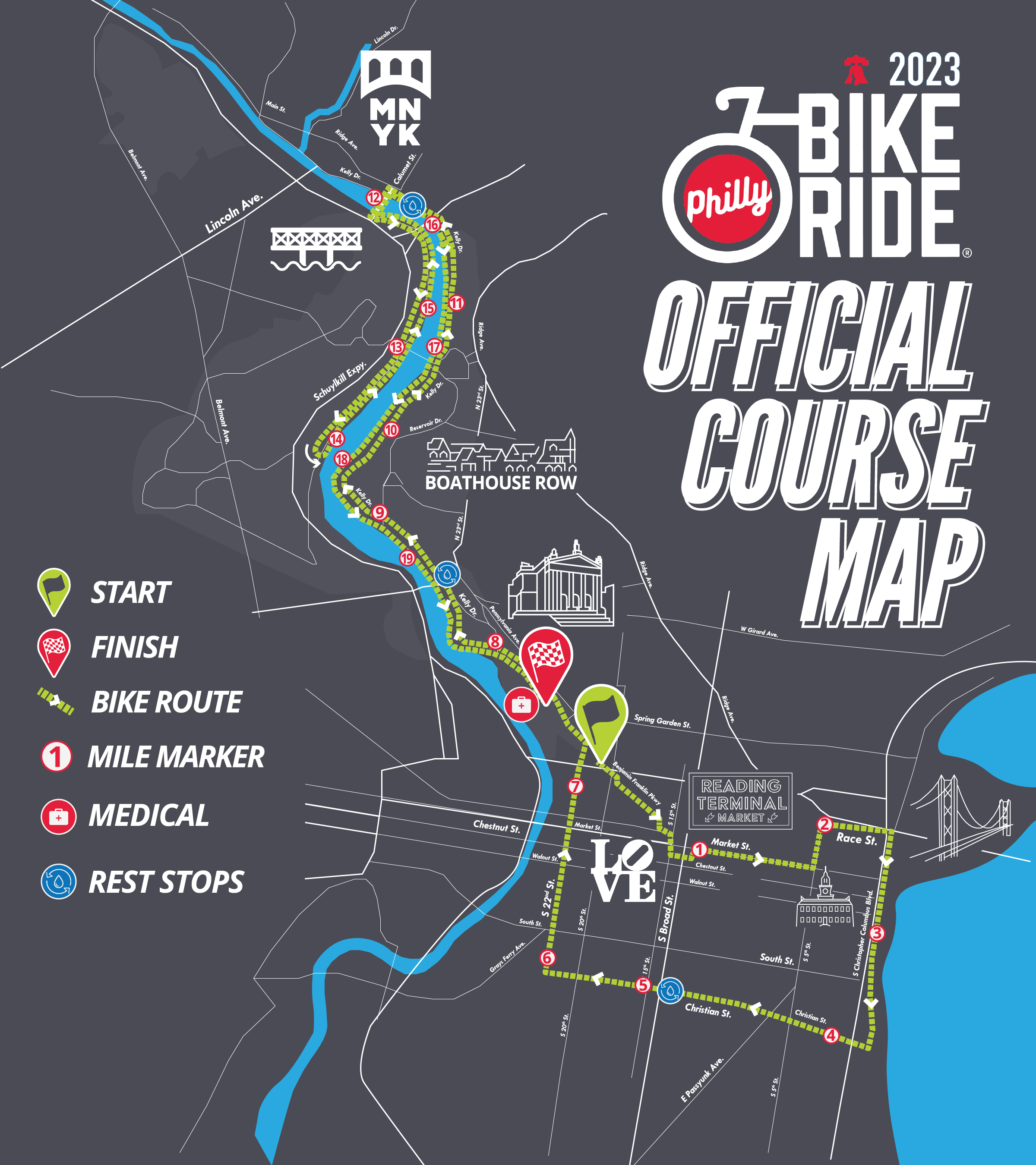 A course map of the 2023 Philly Bike Ride that highlights rest stops, medical assistance locations, start and finish line, and water stops.