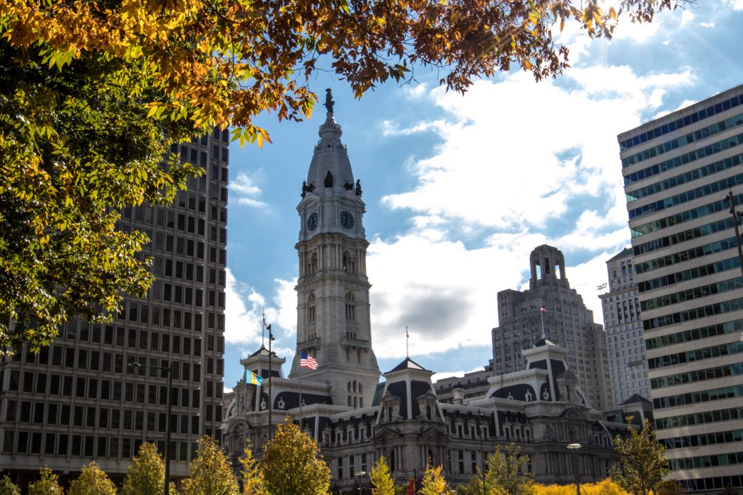 Philadelphia city hall with trees in the foreground