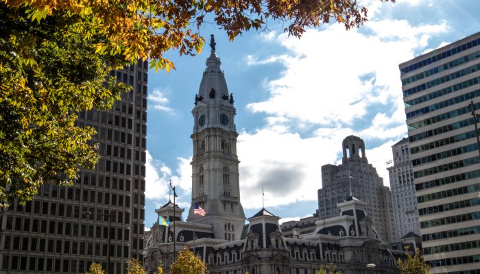 Philadelphia city hall with trees in the foreground