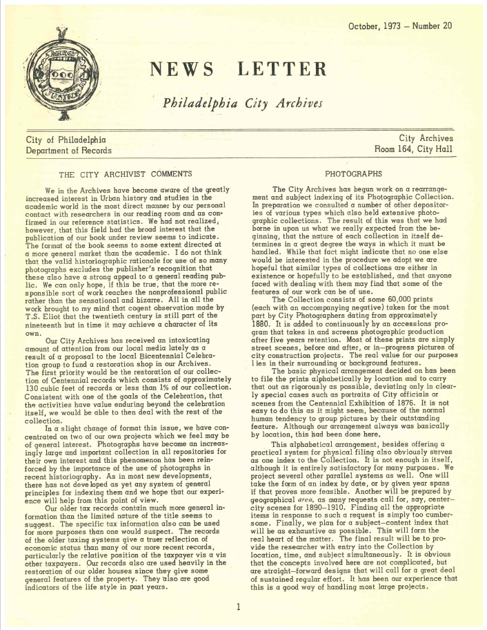 a scan of a page from a newsletter from the Philadelphia City Archives