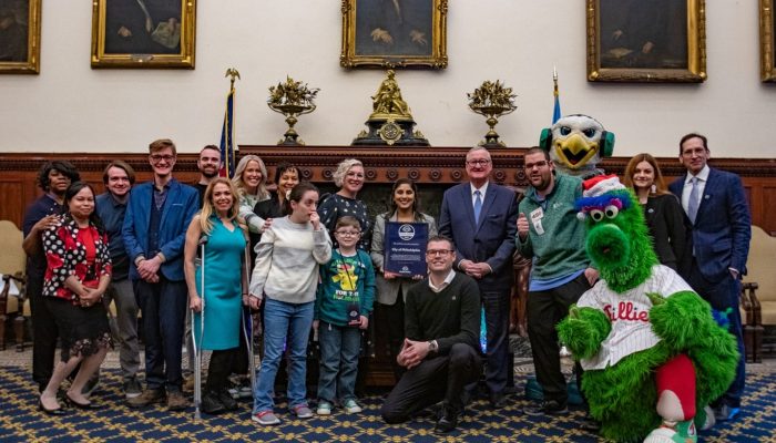 Mayor Kenney, City Leaders, Representatives from KultureCity, Community Partners, Actor Stephen Kunken, Swoops, the Phanatic along with community members as Philadelphia is recognized as the first certified sensory inclusive city by KultureCity.