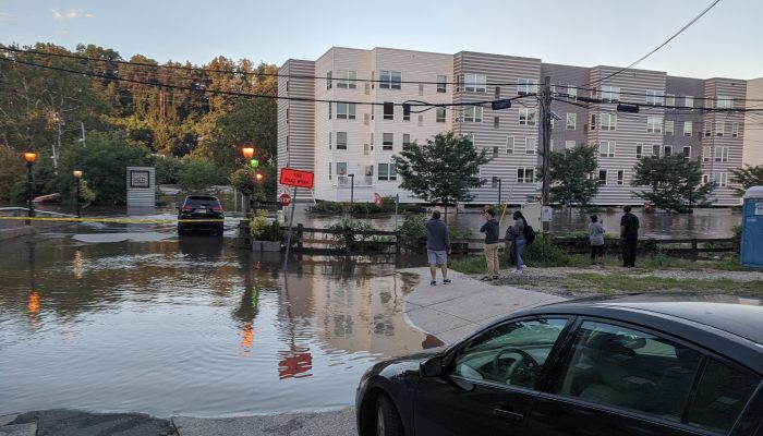 Floodwater overtopping banks of the Schuylkill River at the Isle Apartments in Manayunk on September 2, 2021.