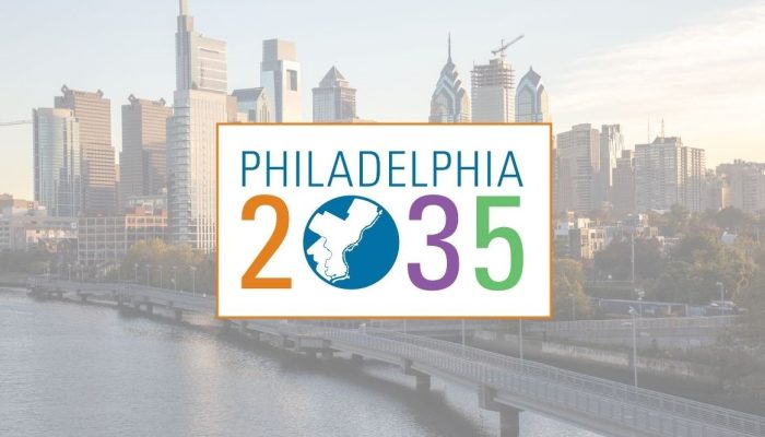 Philadelphia 2035 logo in front of the skyline