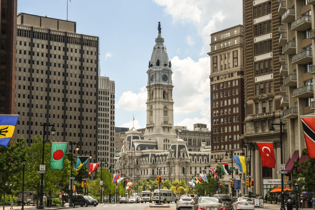Photo of City Hall and surrounding buildings on the Benjamin Frankling Parkway