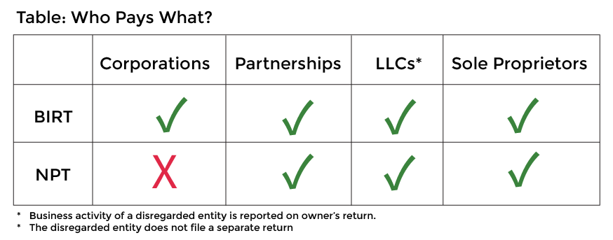 table describing groups responsible for paying BIRT and NPT