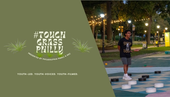 This graphic features young people playing at the Oval and branded icon for the #TouchGrassPhilly youth initiative.
