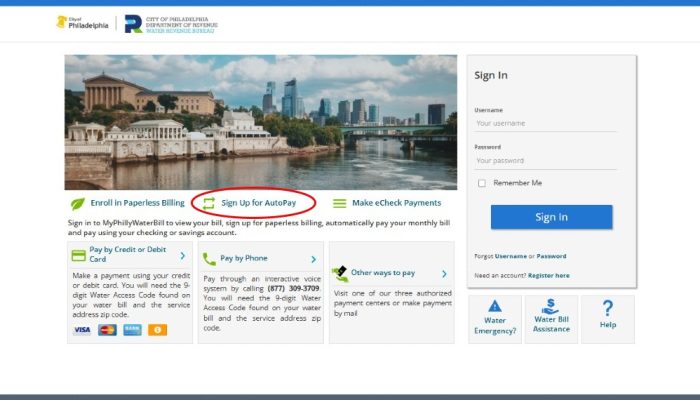 Screenshot of the MyPhillyWaterBill website's landing page