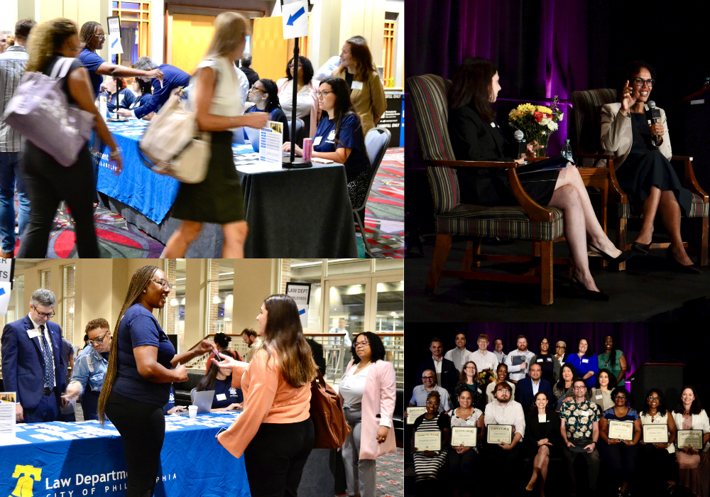 Collage image of photos from the conference event, including a photo of Mayor Parker speaking, and a group photo of Law Department awardees