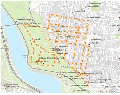 Map of the West Fairmount area of Philadelphia, including Lemon Hill, with streets that will be sprayed to combat mosquitoes.