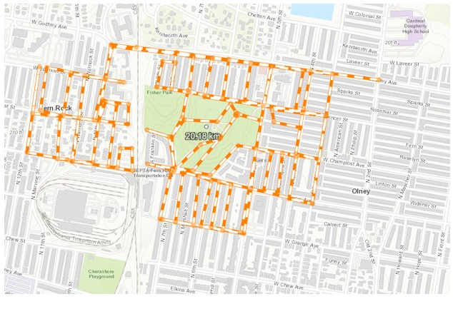 Map of the Olney area of Philadelphia, including Fisher Park, with streets that will be sprayed to combat mosquitoes.