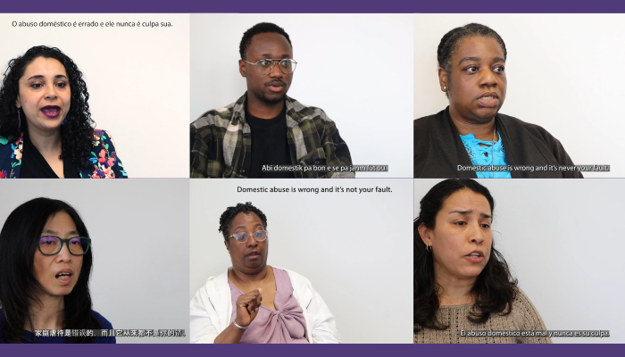 Stills from multilingual videos where each speaker is saying "Domestic abuse is wrong and it's never your fault" in their language.
