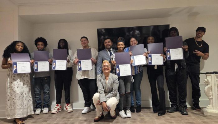 The PCHR Youth Ambassadors celebrate the completion of the summer program with PCHR Deputy Directors Pamela Gwaltney, Esq., and Randy Duque.
