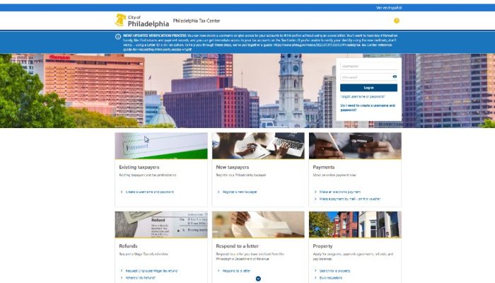 Screenshot of the Philadelphia Tax Center website