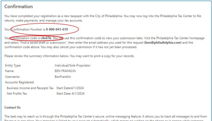 Screenshot showing a confirmation page generated by the Philadelphia Tax Center
