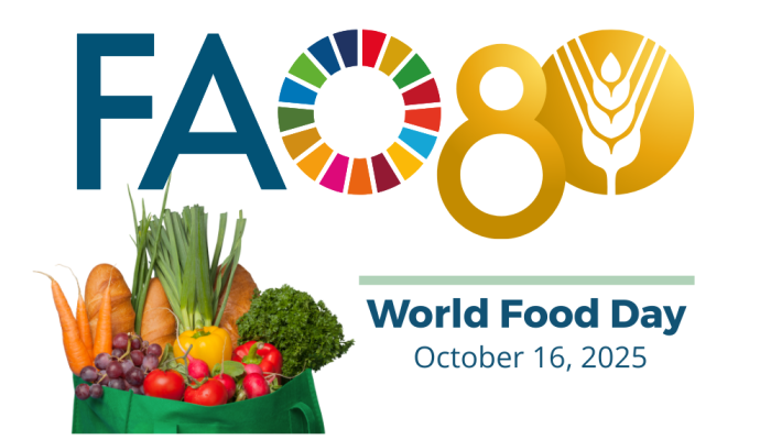 World Food Day 80 October 16, 2025 logo with bag of groceries