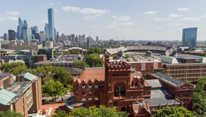 Philadelphia skyline with the University of Pennsylvania campus in the foreground.