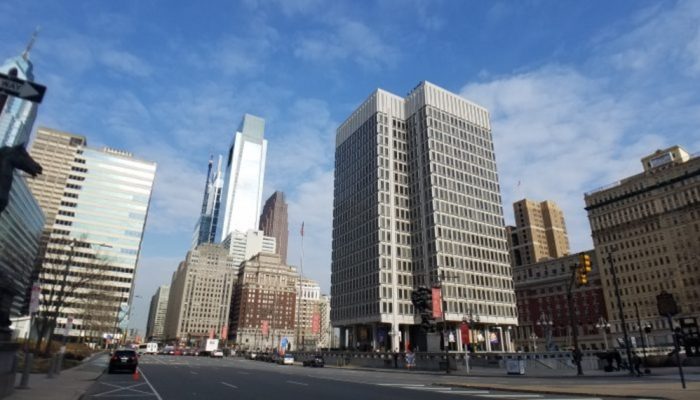 The Municipal Services Building (MSB) among other buildings in downtown Philly