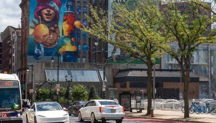 A multi-colored mural on East Market Street in Philadelphia
