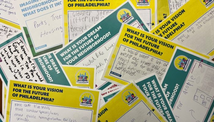 A collection of completed Vision Card Surveys. The cards are about the size of a postcard and ask questions like What is your vision for the future of Philadelphia?" Responses are hand written.