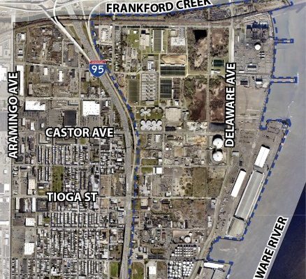 An aerial map of the Port Richmond Industrial District study area. Labeled streets and landmarks include the Delaware River, the Frankford Creek, Aramingo Avenue, Allegheny Avenue, Delaware Avenue, and I-95.