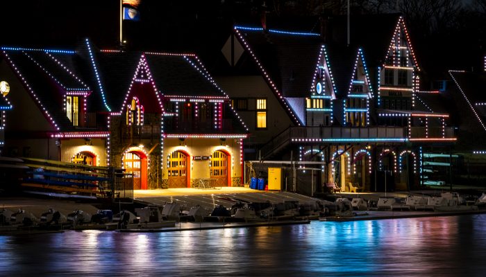 Boathouse Row homes lit up for the holidays.