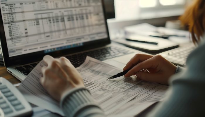 Image showing person browsing computer screen with documents in hand