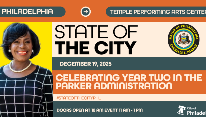Promotional graphic for the Philadelphia State of the City address. Left side shows a smiling woman in a black grid-pattern dress against a yellow background. Right side features text reading “State of the City,” dated December 19, 2025, at the Temple Performing Arts Center in Philadelphia. It celebrates year two of the Parker administration, with the Mayor of Philadelphia seal for Cherelle L. Parker. Additional text notes “Doors open at 10 AM, event 11 AM–1 PM,” the hashtag #StateOfTheCityPHL, and the City of Philadelphia logo.