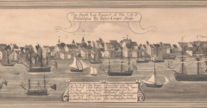 Illustration of the Philadelphia waterfront as seen from the Delaware River. Ships fill the foreground and buildings and piers are visible along the shoreline.