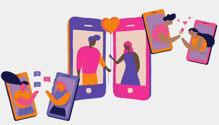 Cartoon teenagers inside phones text and interact with one another.