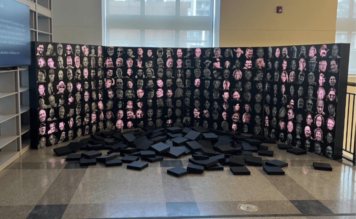 A 16x16 LED matrix grid made up of 8 inch portraits, each square a window into the soul of an ALS patient.