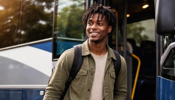 Stock image of a smiling African American man exits an intercity bus.