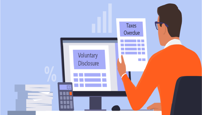 Graphic showing a person browsing computer screen while holding a tax bill in one hand.