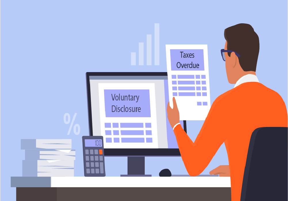 Graphic showing a person browsing computer screen while holding a tax bill in one hand.