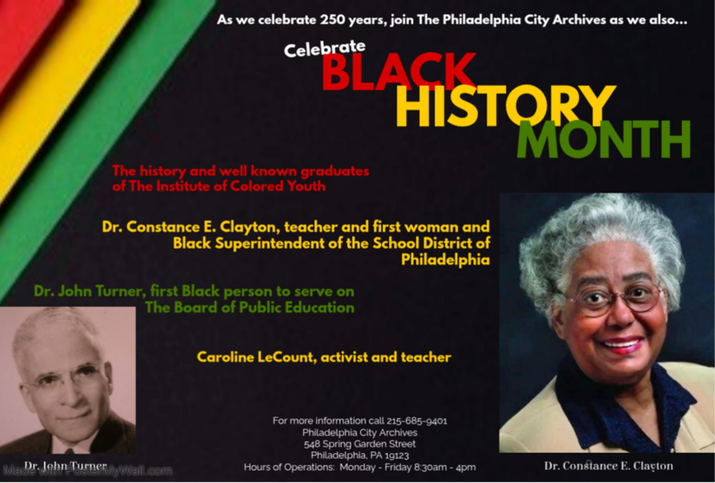 Flyer for a Black History Month event hosted by the Philadelphia City Archives, celebrating black educators in Philadelphia.