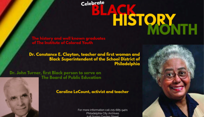 Flyer for a Black History Month event hosted by the Philadelphia City Archives, celebrating black educators in Philadelphia.