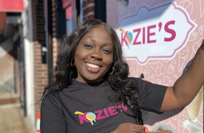 Akosua Opoku standing in front of her business Kozie’s Water Ice in Northwest Philadelphia