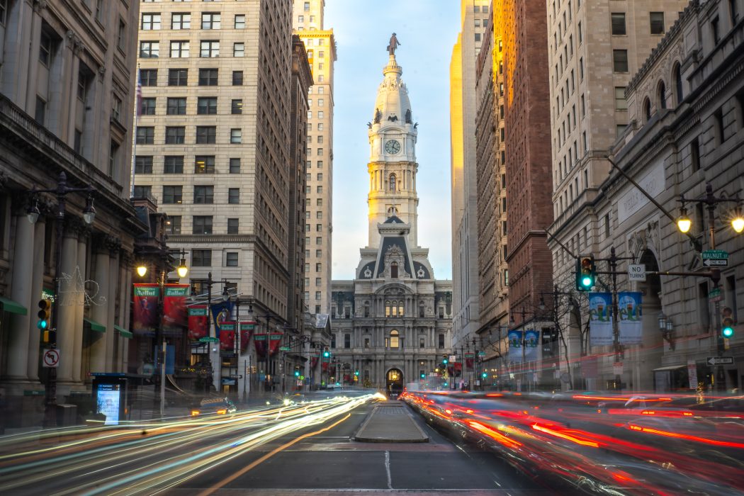 Long exposure image of City Hall from Broad Street